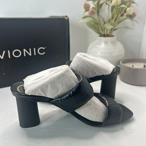 Vionic Emaline Mule Heel Ruched Leather Strappy Sandals Black Women 7M Tried On - Picture 7 of 10